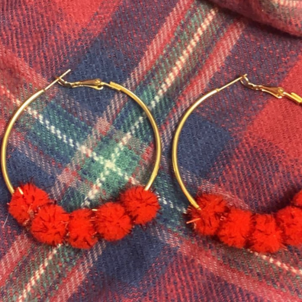 18KT dipped Red Pom Poms hoop earrings